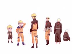 Rule 34 | 1boy, age progression, aged down, aged up, bad id, bad pixiv id, bandages, blonde hair, blue eyes, child, forehead protector, haneru, highres, japanese clothes, kimono, male focus, multiple persona, naruto: the last, naruto (series), naruto shippuuden, old, open mouth, short hair, smile, uzumaki naruto, white hair