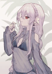 Rule 34 | 1girl, arknights, bare shoulders, bikini, black bikini, braid, clothing cutout, commentary, crown braid, flower, hair between eyes, hair flower, hair ornament, hand up, highres, kmkm panna, long hair, long sleeves, looking at viewer, navel, pointy ears, red eyes, see-through, shoulder cutout, silver hair, smile, solo, stomach, swimsuit, upper body, very long hair, warfarin (arknights), warfarin (casual vacation) (arknights), white flower