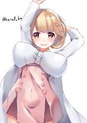 Rule 34 | 10s, 1girl, alternate breast size, breasts, brown eyes, brown hair, covered navel, henet hene, lab coat, large breasts, looking at viewer, matching hair/eyes, narusawa ryouka, occultic;nine, short hair, simple background, skirt, smile, solo, twitter username, white background