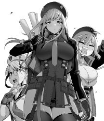 Rule 34 | 3girls, absurdres, ahoge, amano don, ammunition belt, anis (nikke), arm up, banknote, belt, beret, blush, breasts, buttons, choker, cleavage, closed eyes, closed mouth, collared shirt, commentary, cowboy shot, double-breasted, glasses, gloves, goddess of victory: nikke, greyscale, hair ornament, half-closed eyes, hat, highres, holding, holding money, jacket, large breasts, long hair, looking at viewer, money, monochrome, multiple girls, neckerchief, necktie, neon (nikke), open clothes, open jacket, open mouth, pelvic curtain, rapi (nikke), rolled up paper, sailor collar, shirt, short hair, short shorts, shorts, shouting, simple background, standing, sweat, sweatdrop, nervous sweating, thighhighs, thighs, underbust, v-shaped eyebrows, white background, wing collar