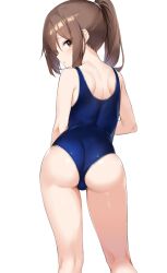 Rule 34 | 1girl, ass, back, brown eyes, brown hair, commentary, cowboy shot, from behind, hair between eyes, high ponytail, highres, kantai collection, long hair, looking at viewer, looking back, parted lips, ponytail, school swimsuit, sidelocks, simple background, solo, standing, swimsuit, symbol-only commentary, thigh gap, thighs, white background, zarashi, zuihou (kancolle)