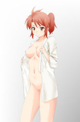 Rule 34 | 10s, 1girl, blush, bottomless, breasts, brown eyes, chiba erika, collarbone, cowboy shot, female pubic hair, gradient background, grey background, kesuida, mahouka koukou no rettousei, naked shirt, navel, nipples, open clothes, ponytail, pubic hair, red hair, shirt, short hair, smile, solo, standing