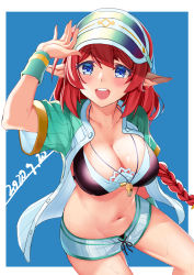 Rule 34 | 1girl, :d, absurdres, arm up, bikini, bikini under clothes, black bikini, blue background, blue eyes, blush, border, braid, breasts, cleavage, collarbone, dated, green hat, green jacket, hat, highres, jacket, large breasts, long hair, looking at viewer, misato (princess connect!), misato (summer) (princess connect!), open clothes, open jacket, open mouth, outside border, pointy ears, princess connect!, red hair, round teeth, short sleeves, shorts, simple background, single braid, smile, solo, striped clothes, striped shorts, sweat, sweatband, swimsuit, teeth, tucao xiansen, unbuttoned, upper teeth only, vertical-striped clothes, vertical-striped shorts, very long hair, visor cap, whistle, whistle around neck, white bikini, white border, white shorts