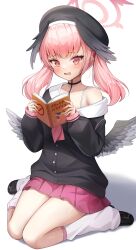 Rule 34 | 1girl, absurdres, black choker, black footwear, black wings, blue archive, blush, book, choker, collarbone, commentary, feathered wings, hat, highres, holding, holding book, jacket, koharu (blue archive), loafers, long hair, long sleeves, naruto (series), naze236, off shoulder, open book, open clothes, open jacket, open mouth, pink hair, pleated skirt, school uniform, serafuku, shirt, shoes, single bare shoulder, sitting, skirt, sleeves past wrists, socks, solo, sweat, sweatdrop, twintails, uniform, white background, wings
