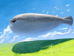Rule 34 | animal, animal focus, blue sky, cloud, cloudy sky, day, field, fish, floating, grass, highres, mori hisato, no humans, open mouth, original, outdoors, oversized animal, sacabambaspis, scenery, sky, triangle mouth