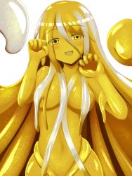 Rule 34 | blonde hair, breasts, cleavage, hair censor, looking at viewer, monster girl, open mouth, rethnick, slime girl, small breasts, smile, solo, white hair