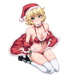 Rule 34 | 1girl, bikini, black footwear, blonde hair, blush, breasts, christmas, closed mouth, commentary request, fingernails, green eyes, green nails, hat, highres, large breasts, looking at viewer, mizuhashi parsee, nail polish, navel, ootsuki wataru, pointy ears, red bikini, red hat, santa hat, short hair, simple background, sitting, solo, swimsuit, thighhighs, thighs, touhou, wariza, white background, white thighhighs