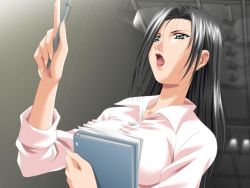 Rule 34 | 1girl, akane yumiko, black hair, book, breasts, game cg, green eyes, kagemichi, large breasts, lipstick, long hair, makeup, meshimase idol, open mouth, pen, pointing, sleeves rolled up, solo, teacher