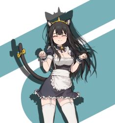 Rule 34 | 1girl, absurdres, animal ears, apron, bad id, bad twitter id, bell, black hair, blue background, blush, bow, breasts, cat ears, cat girl, cat tail, cleavage, closed eyes, closed mouth, cowboy shot, crown, embarrassed, fang, frilled apron, frilled cuffs, frills, highres, long hair, maid, maid apron, medium breasts, meme, multicolored background, neck bell, original, paw pose, peachpa, puffy short sleeves, puffy sleeves, sad cat dance (meme), shadow, short sleeves, skindentation, solo, standing, tail, tail bow, tail ornament, tearing up, thigh strap, thighhighs, white background, white thighhighs, yellow bow, zettai ryouiki