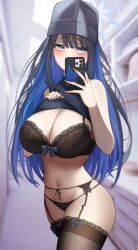 Rule 34 | 1girl, alternate costume, baseball cap, black bra, black hair, black hat, black panties, black shirt, black thighhighs, blue archive, blue eyes, blue hair, bow, bow bra, bra, breasts, cellphone, clothes lift, colored inner hair, garter belt, halo, hat, highres, holding, holding phone, lace, lace-trimmed bra, lace-trimmed legwear, lace-trimmed panties, lace trim, large breasts, lifted by self, long hair, mole, mole on breast, multicolored hair, navel, no pants, panties, phone, saori (blue archive), selfie, shirt, shirt lift, sleeveless, sleeveless shirt, smartphone, solo, standing, stomach, thighhighs, tomi27, underwear