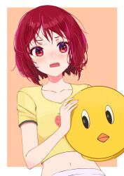 Rule 34 | 1girl, absurdres, arima kana, bird mask, blush, collarbone, commentary request, cropped shirt, food print, highres, looking at viewer, mask, messy hair, navel, nose blush, open mouth, oshi no ko, pieyon, red eyes, red hair, shirt, short hair, solo, strawberry print, sweat, teeth, upper teeth only, white background, xiang yu pai, yellow shirt