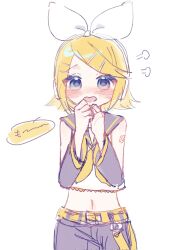 Rule 34 | 1girl, bare shoulders, belt, blonde hair, blue eyes, blush, bow, crop top, detached sleeves, embarrassed, eob, grey sailor collar, grey shorts, grey sleeves, hair bow, hair ornament, hairclip, head steam, headphones, headset, highres, kagamine rin, looking at viewer, midriff peek, navel, neckerchief, number tattoo, open mouth, sailor collar, shirt, short hair, shorts, shoulder tattoo, shy, sketch, sleeveless, sleeveless shirt, solo, swept bangs, tattoo, vocaloid, white bow, yellow belt, yellow neckerchief