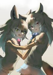 Rule 34 | 2girls, african golden wolf (kemono friends), animal ears, blonde hair, bow, bowtie, cardigan, elbow gloves, extra ears, gaga (gamerakero), gloves, golden jackal (kemono friends), highres, kemono friends, long hair, looking at viewer, multiple girls, red eyes, simple background, skirt, tail, wolf ears, wolf girl, wolf tail, yellow eyes