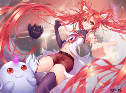Rule 34 | 1girl, absurdres, alternate costume, alternate hair color, alternate hairstyle, bare shoulders, belt, black gloves, bow, elbow gloves, fingerless gloves, gloves, hair ornament, highres, jinx (league of legends), league of legends, long hair, magical girl, red bow, red eyes, red hair, red lips, red neckwear, short shorts, shorts, single glove, smile, solo, star guardian (league of legends), star guardian jinx, twintails, very long hair