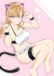 Rule 34 | 1girl, absurdres, animal ears, bikini, black nails, breasts, cat ears, cat tail, collarbone, commentary, fake animal ears, fake tail, heart, highres, looking at viewer, love live!, love live! superstar!!, maid, maid bikini, maid headdress, medium breasts, medium hair, navel, orange hair, paw pose, pink background, purple eyes, shibuya kanon, smile, solo, swept bangs, swimsuit, tail, tommer, unconventional maid