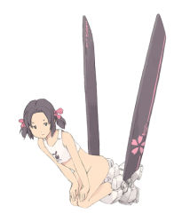 Rule 34 | 1girl, bare shoulders, blue eyes, bottomless, brown hair, camisole, collarbone, full body, groin, hair ribbon, hip focus, keiryou nikyaku, kneeling, looking at viewer, original, pink ribbon, ribbon, short twintails, simple background, skis, solo, thighs, twintails, white background