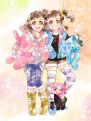 Rule 34 | 10s, 2girls, afglo, bow, brown eyes, brown hair, dual persona, hair bow, hair ornament, hairclip, kaburagi kaede, multiple girls, one side up, shorts, side ponytail, striped clothes, striped legwear, striped thighhighs, stuffed animal, stuffed rabbit, stuffed tiger, stuffed toy, thighhighs, tiger &amp; bunny, utai yumi, vest