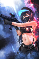 Rule 34 | 1girl, absurdres, bare arms, bare shoulders, baseball cap, belt, black belt, black gloves, black hair, black hat, black pants, black shirt, blue archive, blue eyes, breasts, cameltoe, colycycle, commentary, cowboy shot, crop top, gloves, gun, hat, highres, holding, holding gun, holding weapon, large breasts, leggings, long hair, mask, midriff, mouth mask, navel, pants, rifle, saori (blue archive), shirt, sleeveless, sleeveless shirt, solo, standing, stomach, thighs, very long hair, weapon