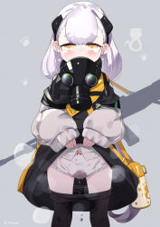 Rule 34 | 1girl, aged down, ak-alfa (cat snatcher beneath the stars) (girls&#039; frontline), ak-alfa (girls&#039; frontline), commentary request, crying, gas mask, girls&#039; frontline, gun, headgear, highres, mask, mishima hiroji, official alternate costume, orange eyes, pantyhose, pee, peeing, peeing self, short hair, tears, weapon, white hair, wide sleeves