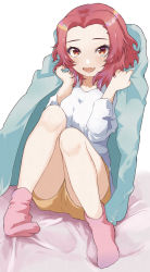 Rule 34 | 1girl, absurdres, bed sheet, blanket, commentary, fang, girls und panzer, highres, holding, holding blanket, long sleeves, looking at viewer, medium hair, on bed, open mouth, orange eyes, orange shorts, pink socks, red hair, rosehip (girls und panzer), shirt, short shorts, shorts, sitting, skin fang, sleepwear, smile, socks, solo, white shirt, zono (inokura syuzo029)