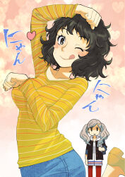 Rule 34 | 2girls, ;), arm up, black eyes, black hair, blush stickers, breasts, closed mouth, collarbone, eyelashes, grey hair, hand up, heart, heart background, highres, kawakami sadayo, large breasts, leg up, long hair, long sleeves, looking at viewer, messy hair, multiple girls, muramasa mikado, one eye closed, pantyhose, persona, persona 5, red pantyhose, school uniform, shirt, short hair, shuujin academy school uniform, smile, striped clothes, striped shirt, takamaki anne, twintails, yellow shirt