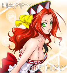Rule 34 | 1girl, bow, breasts, cleavage, doily, english text, green eyes, happy birthday, haruyama kazunori, hat, kouryuuji mii, lace, long hair, project x zone, red hair, smile, solo