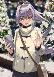 Rule 34 | 1girl, black skirt, breasts, cellphone, christmas tree, fate/grand order, fate (series), forked eyebrows, highres, jacket, ksfactory, long hair, looking at viewer, melusine (fate), open mouth, phone, ponytail, sidelocks, skirt, small breasts, smile, snowing, solo, white hair, white jacket, yellow eyes