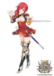 Rule 34 | 1girl, bad id, bad twitter id, boots, brave girl ravens, breasts, cleavage, company connection, copyright name, detached sleeves, epaulettes, f-cla, full body, holding, holding weapon, image sample, knee boots, long hair, looking at viewer, lucretia falstini, red eyes, red hair, simple background, smile, solo, sword, thighhighs, weapon, white background, zettai ryouiki