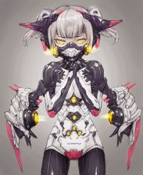 Rule 34 | 1girl, bodysuit, clothes writing, commentary request, gas mask, glowing, grey background, hands on own neck, headgear, highres, looking at viewer, mask, mecha musume, original, science fiction, shiny clothes, short twintails, tsurime, twintails, white hair, yellow eyes, yumikoyama49
