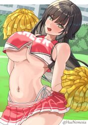 Rule 34 | 1girl, @ @, alternate costume, bare shoulders, blush, breasts, brown hair, cheerleader, clothes writing, commentary request, cowboy shot, crop top, goddess of victory: nikke, groin, half updo, highleg, highleg panties, highres, holding, holding pom poms, large breasts, long hair, looking at viewer, marciana (nikke), navel, navel piercing, neme hachi, open mouth, panties, pants, piercing, pleated skirt, pom pom (cheerleading), pom poms, red shirt, red skirt, shirt, side-tie panties, sidelocks, skirt, sleeveless, sleeveless shirt, solo, standing, stomach, twitter username, underboob, underwear