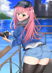 Rule 34 | 1girl, absurdres, artist request, ass, azur lane, belt, blush, breasts, camera, denim, denim shorts, from behind, green eyes, hat, highres, jacket, large breasts, leaning, leaning forward, long hair, looking at viewer, memphis (azur lane), open mouth, pink hair, scarf, shiny skin, short shorts, shorts, sideboob, smile, solo, thighhighs