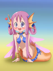 Rule 34 | 1girl, blue eyes, blush, breasts, criss-cross halter, fins, halterneck, head fins, highres, long hair, mermaid, monster girl, nietzsche (yggdra union), open mouth, purple hair, simple background, small breasts, solo, white background, yggdra union