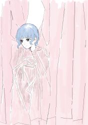 Rule 34 | 1girl, absurdres, bloom into me15, blue eyes, blue hair, blunt bangs, curtains, expressionless, hiding, highres, kageki shoujo!!, looking away, narata ai, partially colored, peeking out, pink curtains, short hair, sidelocks, sketch, solo