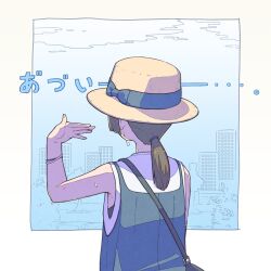 Rule 34 | 1girl, bad id, bad pixiv id, bag, blue bow, blue shirt, border, bow, brown hair, brown hat, commentary request, facing ahead, fanning face, from behind, hair tie, hand up, handbag, hat, hat bow, highres, hot, layered shirt, long hair, low ponytail, norikoi, original, outside border, shirt, short ponytail, signature, sleeveless, sleeveless shirt, solo, summer, sweat, translation request, upper body, white border, white shirt, white wristband, wristband