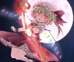 Rule 34 | 1girl, ascot, bare legs, blonde hair, crystal wings, dress, embodiment of scarlet devil, flandre scarlet, frilled dress, frills, full body, full moon, hat, hat ribbon, laevatein (touhou), looking at viewer, mob cap, moon, night, night sky, open mouth, outdoors, red dress, red eyes, red ribbon, ribbon, side ponytail, sky, solo, touhou, wrist cuffs, yellow ascot, yumemomosaka