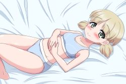 Rule 34 | 1girl, aki (girls und panzer), bed, blonde hair, blue bra, blue panties, blush, bra, breasts, closed mouth, collarbone, girls und panzer, green eyes, hands on own stomach, looking at viewer, lying, on back, on bed, panties, shiny skin, short hair, short twintails, small breasts, smile, solo, sports bra, ten-ly, twintails, underwear