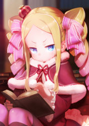 Rule 34 | &gt;:(, 10s, 1girl, beatrice (re:zero), blonde hair, blue eyes, blurry, blush, book, book stack, bug, butterfly, butterfly-shaped pupils, capelet, crown, depth of field, dress, drill hair, eyelashes, frilled ribbon, frilled sleeves, frills, frown, fur trim, gradient hair, hair ribbon, highres, holding, holding book, insect, long hair, long sleeves, looking at viewer, mini crown, multicolored hair, open book, pantyhose, pink hair, pink ribbon, pout, re:zero kara hajimeru isekai seikatsu, reading, red dress, red ribbon, ribbon, shamonabe, sitting, solo, striped clothes, striped pantyhose, symbol-shaped pupils, twin drills, twintails, v-shaped eyebrows, wide sleeves