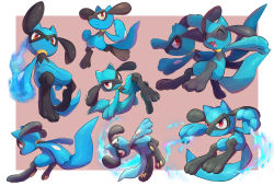 Rule 34 | ^ ^, absurdres, border, closed eyes, closed mouth, commentary request, creature, creatures (company), energy, closed eyes, fang, frown, game freak, gen 4 pokemon, highres, multiple views, nintendo, nullma, open mouth, outside border, pokemon, pokemon (creature), red eyes, riolu, smile, toes, tongue, white border