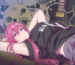 Rule 34 | 1girl, andrian januar adilia, armpit peek, black shirt, blue eyes, bocchi the rock!, breasts, commentary, cube hair ornament, drum, drum set, electric guitar, english commentary, gibson les paul, gotoh hitori, guitar, hair between eyes, hair flowing over, hair ornament, highres, instrument, large breasts, long hair, looking at viewer, lying, on back, parted lips, pink hair, pleated skirt, purple skirt, shirt, short sleeves, sidelocks, skirt, solo, upper body