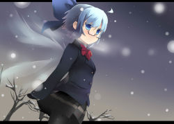Rule 34 | 1girl, ahoge, alternate costume, bespectacled, black pantyhose, blue eyes, blue hair, blush, cirno, glasses, gloves, letterboxed, matching hair/eyes, pantyhose, perfect cherry blossom, school uniform, shin (new), skirt, snow, solo, touhou