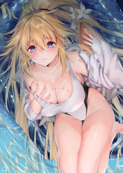 Rule 34 | 1girl, bare shoulders, blonde hair, blue eyes, blush, breasts, cleavage, closed mouth, colored eyelashes, competition swimsuit, deep skin, fate/grand order, fate (series), female focus, flower, hair between eyes, highres, jacket, jeanne d&#039;arc (fate), jeanne d&#039;arc (ruler) (fate), jeanne d&#039;arc (swimsuit archer) (fate), jeanne d&#039;arc (swimsuit archer) (second ascension) (fate), large breasts, long hair, looking at viewer, lotion bottle, lying, obiwan, on back, one-piece swimsuit, ponytail, sidelocks, smile, solo, spread legs, swimsuit, thighs, very long hair, water, wet, whistle, whistle around neck, white jacket, white one-piece swimsuit