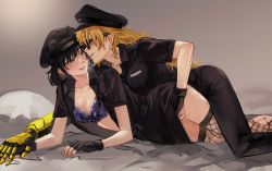 Rule 34 | 2girls, animal ears, black gloves, black hair, blake belladonna, blonde hair, blush, bra, breasts, cat ears, cleavage, commentary request, eye contact, fingerless gloves, glasses, gloves, hand under clothes, hat, highres, looking at another, lying, multiple girls, naizo (kimosugimasu), on side, parted lips, police, police hat, police uniform, prosthesis, prosthetic arm, purple bra, purple eyes, rwby, teeth, underwear, uniform, upper teeth only, yang xiao long, yellow eyes, yuri