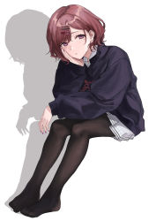 Rule 34 | 1girl, absurdres, black jacket, black pantyhose, brown hair, hair ornament, hairclip, hand on own chin, head rest, highres, higuchi madoka, idolmaster, idolmaster shiny colors, invisible chair, jacket, long sleeves, mole, mole under eye, mou (piooooon), nail polish, no shoes, pantyhose, pleated skirt, purple eyes, purple nails, shadow, short hair, simple background, sitting, skirt, solo, white background, white skirt