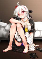 Rule 34 | 1girl, ahoge, alcohol, barefoot, bed, beer, blush, can, dress, earrings, feet, hair ornament, hair ribbon, hairband, highres, jewelry, magu (mugsfc), nail polish, necklace, panties, pearl necklace, red eyes, ribbon, sitting, solo, toenail polish, toenails, toes, underwear, vocaloid, white hair, yowane haku