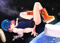 Rule 34 | 1girl, astronaut, bad id, bad pixiv id, bicycle, boots, coin, cyborg, highres, niwakaike, orange eyes, original, pink hair, planet, reflection, short hair, solo, space, spacesuit, zero gravity