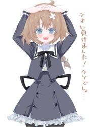 Rule 34 | 1girl, ahoge, arms up, assault lily, bandaid, bandaid on head, black pantyhose, black ribbon, black skirt, blue eyes, blush, braid, braided ponytail, brown hair, buttons, commentary request, cropped jacket, crossed bandaids, frilled skirt, frills, futagawa fumi, hands on own head, high-waist skirt, highres, interlocked fingers, juliet sleeves, long hair, long sleeves, looking at viewer, low ponytail, miniskirt, neck ribbon, neni hatahachi, open mouth, own hands together, pantyhose, puffy sleeves, raised eyebrows, ribbon, school uniform, shirt, single braid, skirt, solo, standing, translation request, white background, white shirt, yurigaoka girls academy school uniform