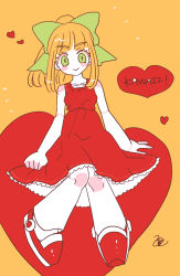 Rule 34 | !, 1girl, android, bare arms, blonde hair, blush, bow, capcom, dress, fringe trim, full body, green eyes, hair bow, hair ornament, long hair, mega man (classic), mega man (series), ponytail, red dress, roll (mega man), shoes, signature, simple background, smile, solo, text focus