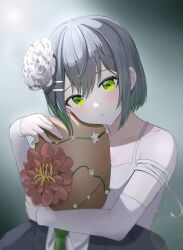 Rule 34 | 1girl, absurdres, arch a4, blush, breasts, cleavage, colored inner hair, detached sleeves, dress, flower, green eyes, green hair, grey hair, hair flower, hair ornament, head hug, highres, looking at viewer, medium breasts, multicolored hair, plant, red flower, short hair, solo, two-tone hair, viichan, vines, virtual youtuber, waktaverse, white dress, white flower, white sleeves