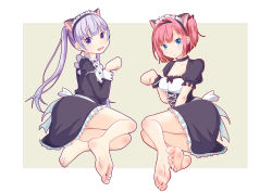 Rule 34 | 2girls, animal ears, barefoot, blue eyes, blush, breasts, cat ears, collarbone, feet, highres, leafar, looking at viewer, maid, maid headdress, medium breasts, mochizuki momiji, multiple girls, new game!, open mouth, paw pose, purple eyes, purple hair, red hair, simple background, sitting, small breasts, soles, suzukaze aoba, toes, twintails, white background