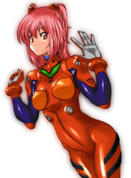 Rule 34 | 1girl, blush, bodysuit, bracer, breasts, clenched hand, cosplay, covered erect nipples, cowboy shot, gloves, hair ornament, hands up, kamia (not found), kasuga aya, latex, looking at viewer, narrow waist, neon genesis evangelion, original, outline, parted lips, pilot suit, pink eyes, pink hair, plugsuit, plugsuit (cosplay), red eyes, red hair, shiny clothes, simple background, solo, souryuu asuka langley (cosplay), turtleneck, two side up, white background